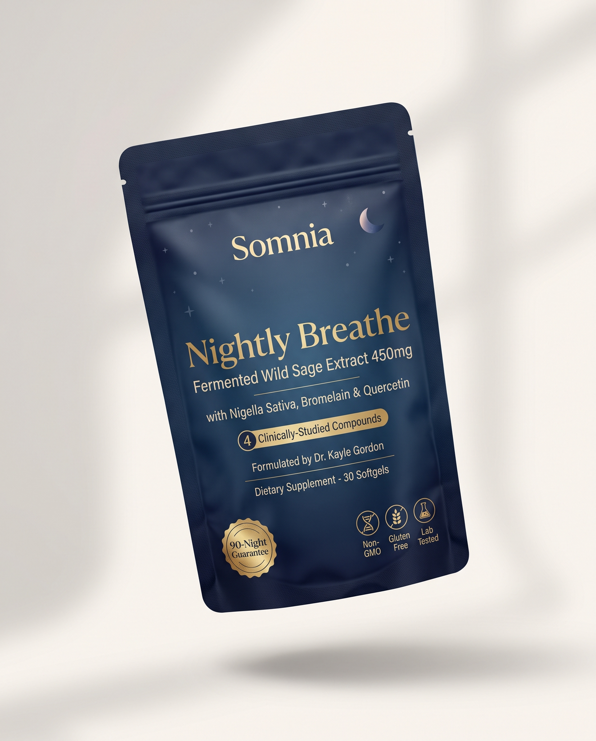Somnia Nightly Breathe pouch, navy and gold packaging