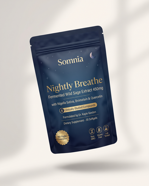 Somnia Nightly Breathe pouch, navy and gold packaging